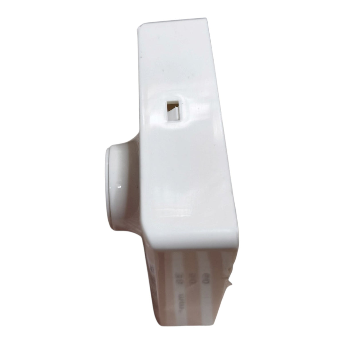 A white plastic electrical outlet cover plate or switch cover component, shown from a side angle against a plain white background.
