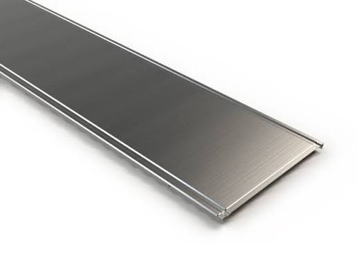 A long, narrow brushed metal strip or channel shown diagonally on a clean white background.