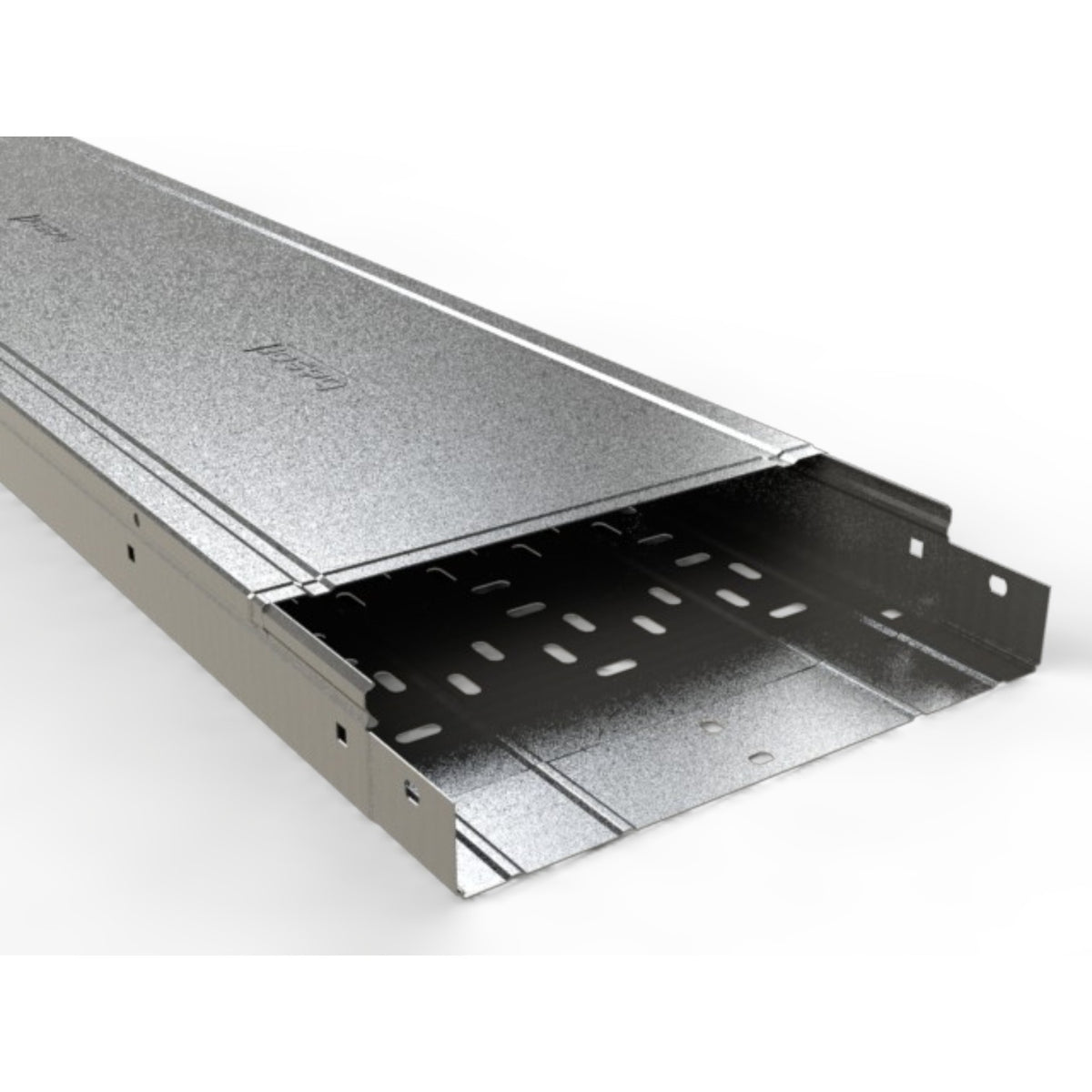 A close-up of a silver metal cable tray or conduit section with perforated interior slots, shown on a clean white background.