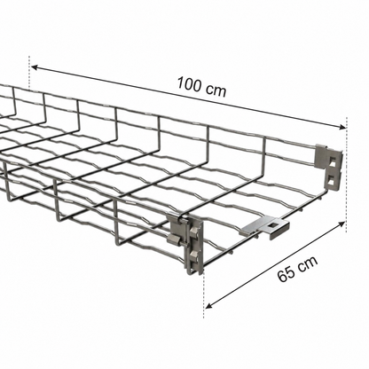 A metal cable tray shown on a white background with dimension arrows and labels indicating 100 cm length and 65 cm width.