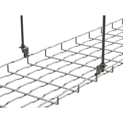 A close-up of a metal cable tray grid with two vertical mounting poles and brackets, shown on a plain white background.