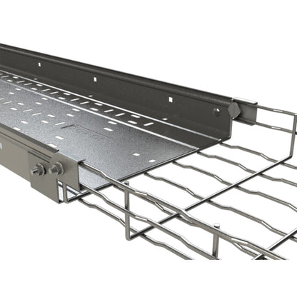 A close-up of a metal cable tray and wire mesh cable organizer on a plain white background.