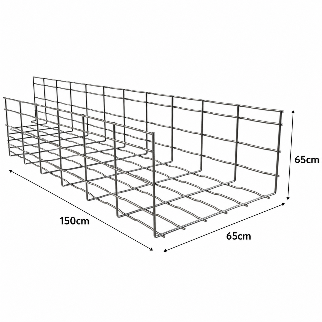 A wire storage basket with dimension labels showing 150cm length, 65cm width, and 65cm height on a plain white background.