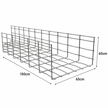 A wire storage basket with dimension labels showing 150cm length, 65cm width, and 65cm height on a plain white background.