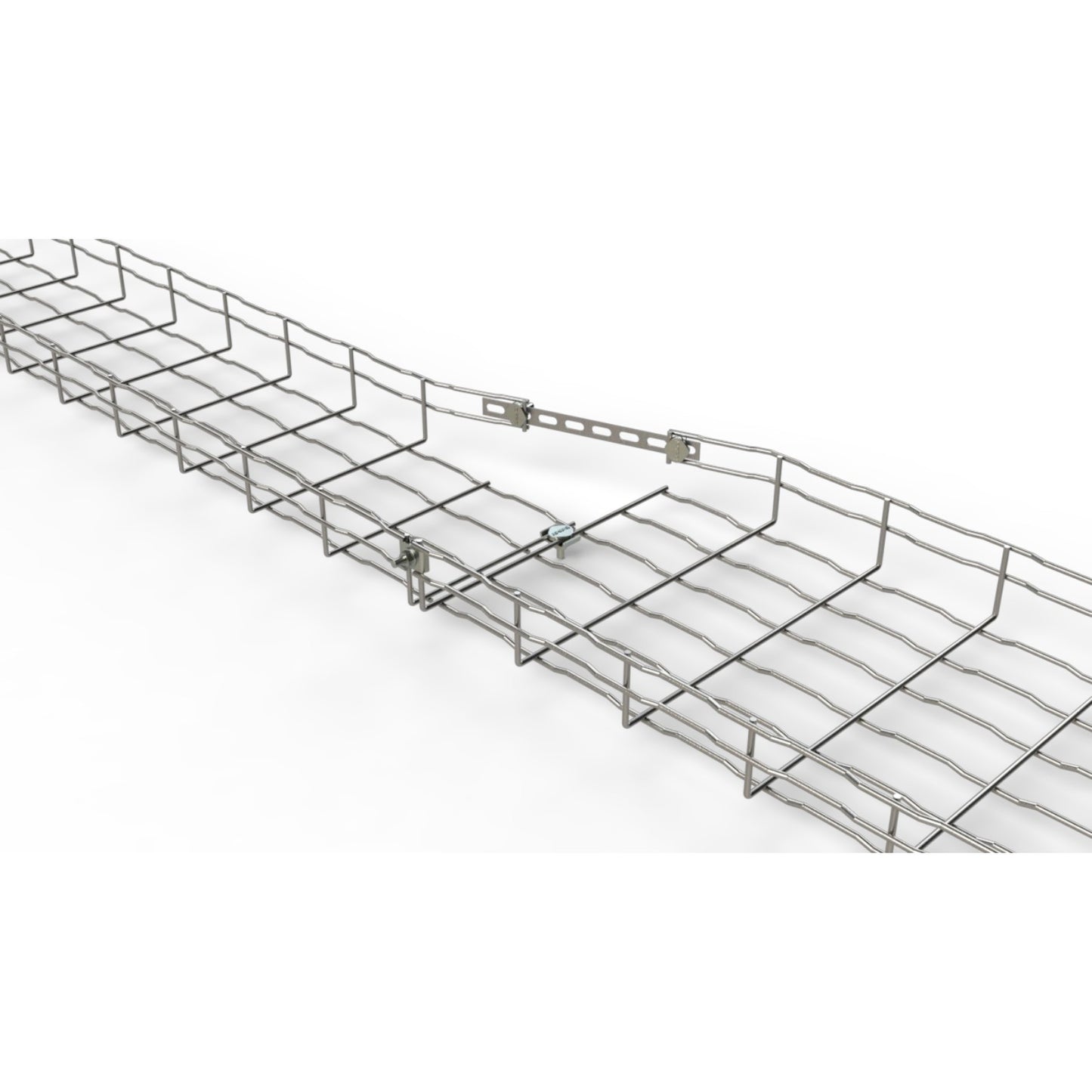 A silver metal cable tray with a grid pattern and adjustable mounting brackets, shown on a clean white background.