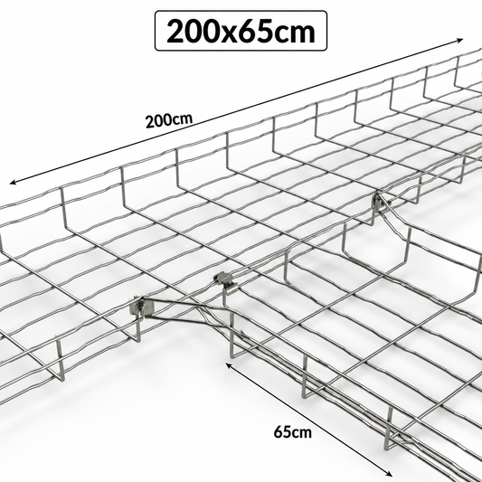 A silver metal wire cable tray with dimension labels showing a length of 200cm and a width of 65cm, on a plain white background.