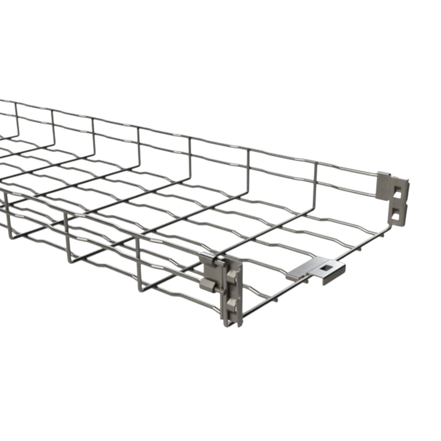 A silver metal cable tray with a grid pattern and mounting brackets, shown on a plain white background.