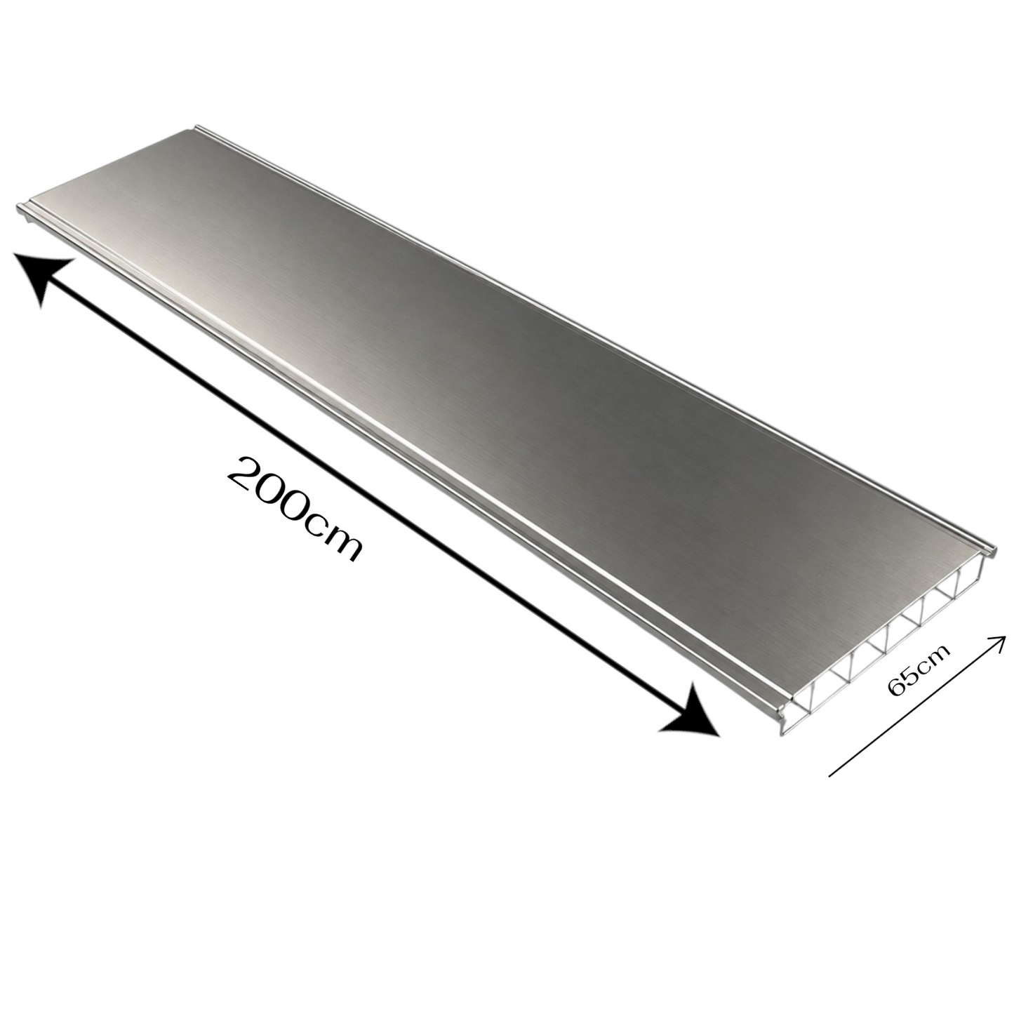 A long rectangular metallic panel shown on a white background with black dimension arrows and labels indicating 200 cm length and 65 cm width.