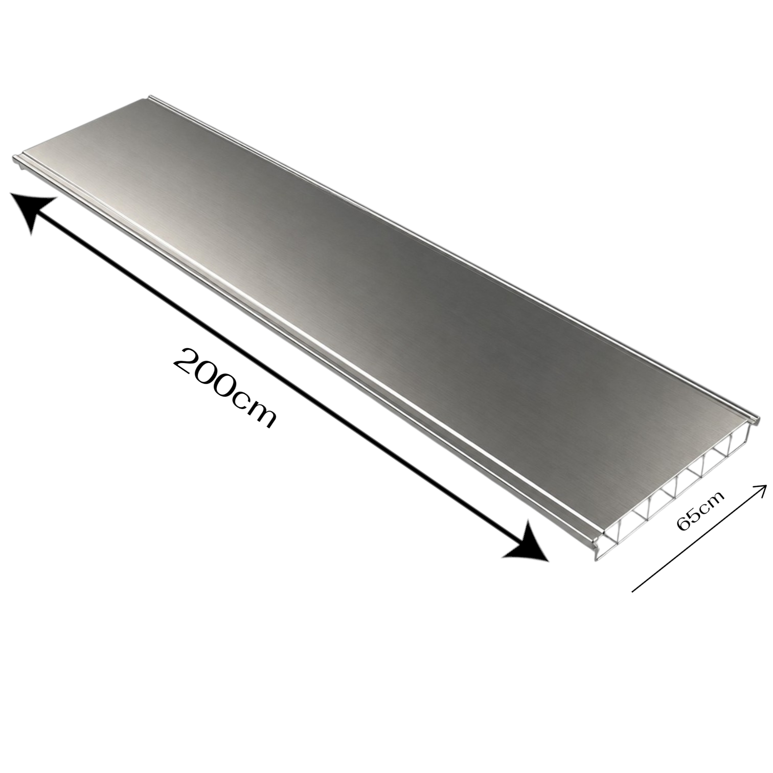A long rectangular metallic panel shown on a white background with black dimension arrows and labels indicating 200 cm length and 65 cm width.