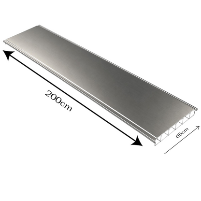 A long rectangular metallic panel shown on a white background with black dimension arrows and labels indicating 200 cm length and 65 cm width.