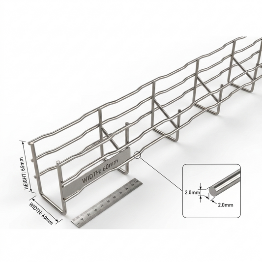 A long silver metal cable tray with wavy horizontal bars and angled support legs, shown on a white background with dimension labels (60mm width, 60mm height) and a small inset detail of the 2.0mm wire thickness.