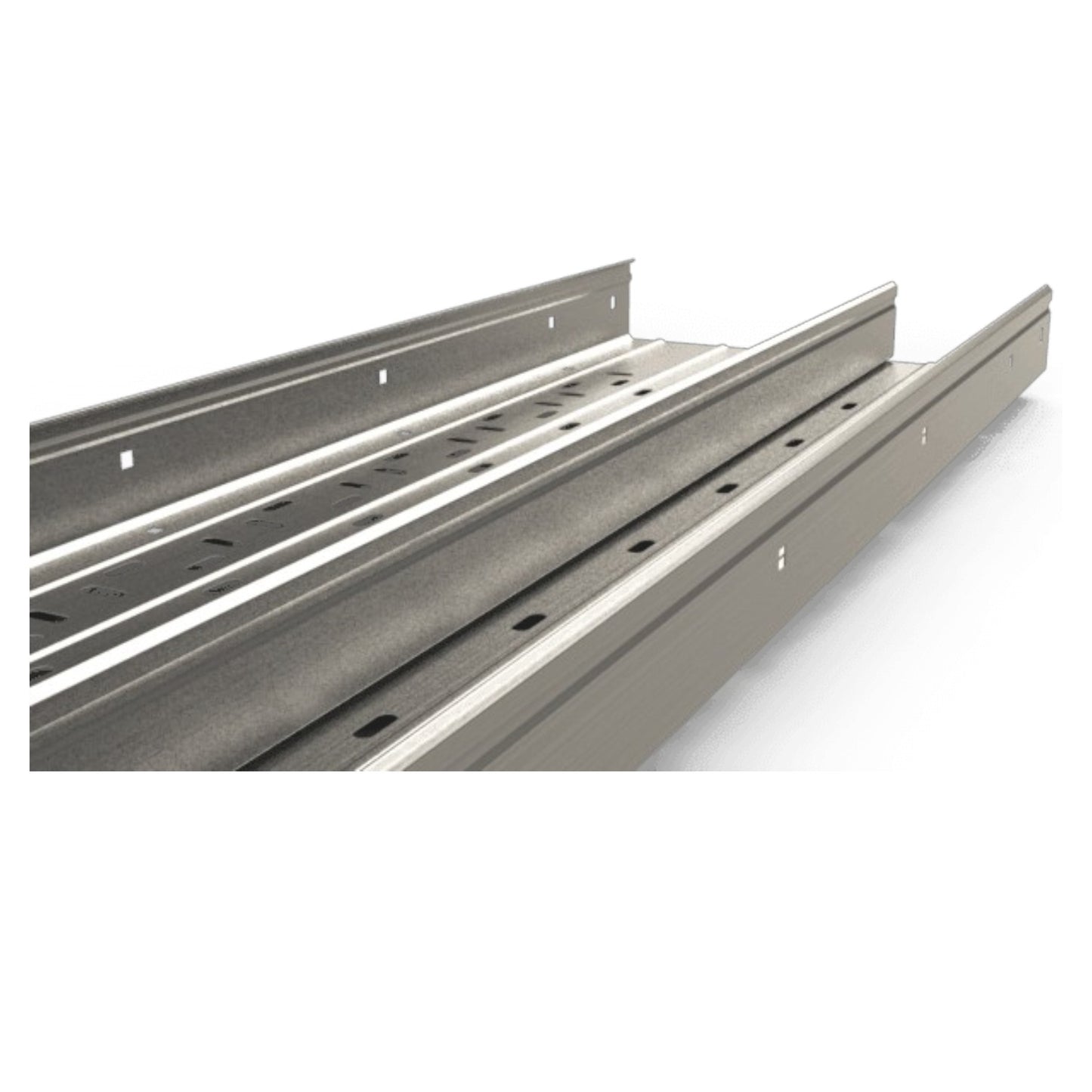 Gray metal cable tray channels shown at an angle on a white background.