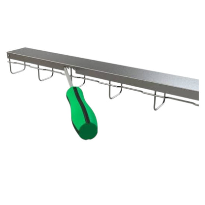 A long, narrow metal rack or shelf with multiple curved hooks, shown against a plain white background. A bright green hanging item is suspended from one hook.