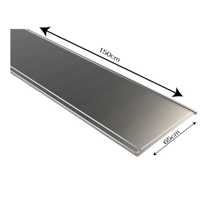 A brushed metal stair tread shown at an angle with dimension arrows indicating a length of 150 cm and a width of 65 cm on a white background.