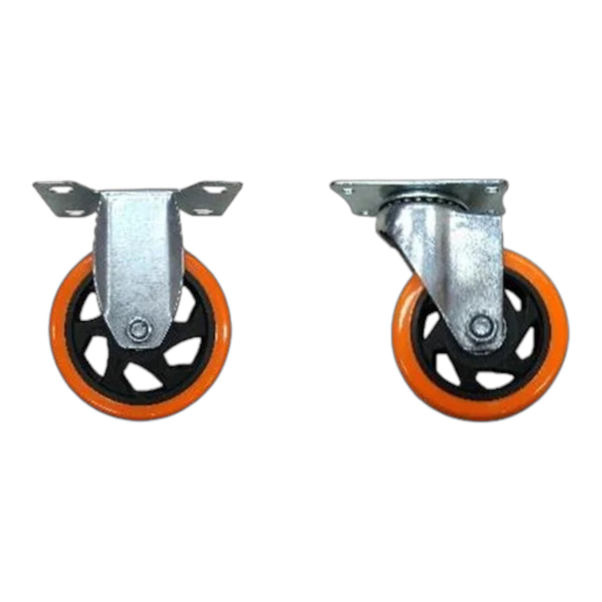 Two industrial caster wheels shown side by side on a plain white background. Each wheel has a silver metal mounting bracket and hub with an orange outer rim and a black multi-spoke wheel center.