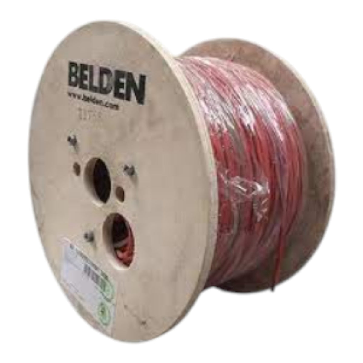 A large spool of red electrical wire or cable wrapped in clear plastic, mounted on a beige cardboard core. The brand name 'BELDEN' is clearly printed on the front face of the spool.