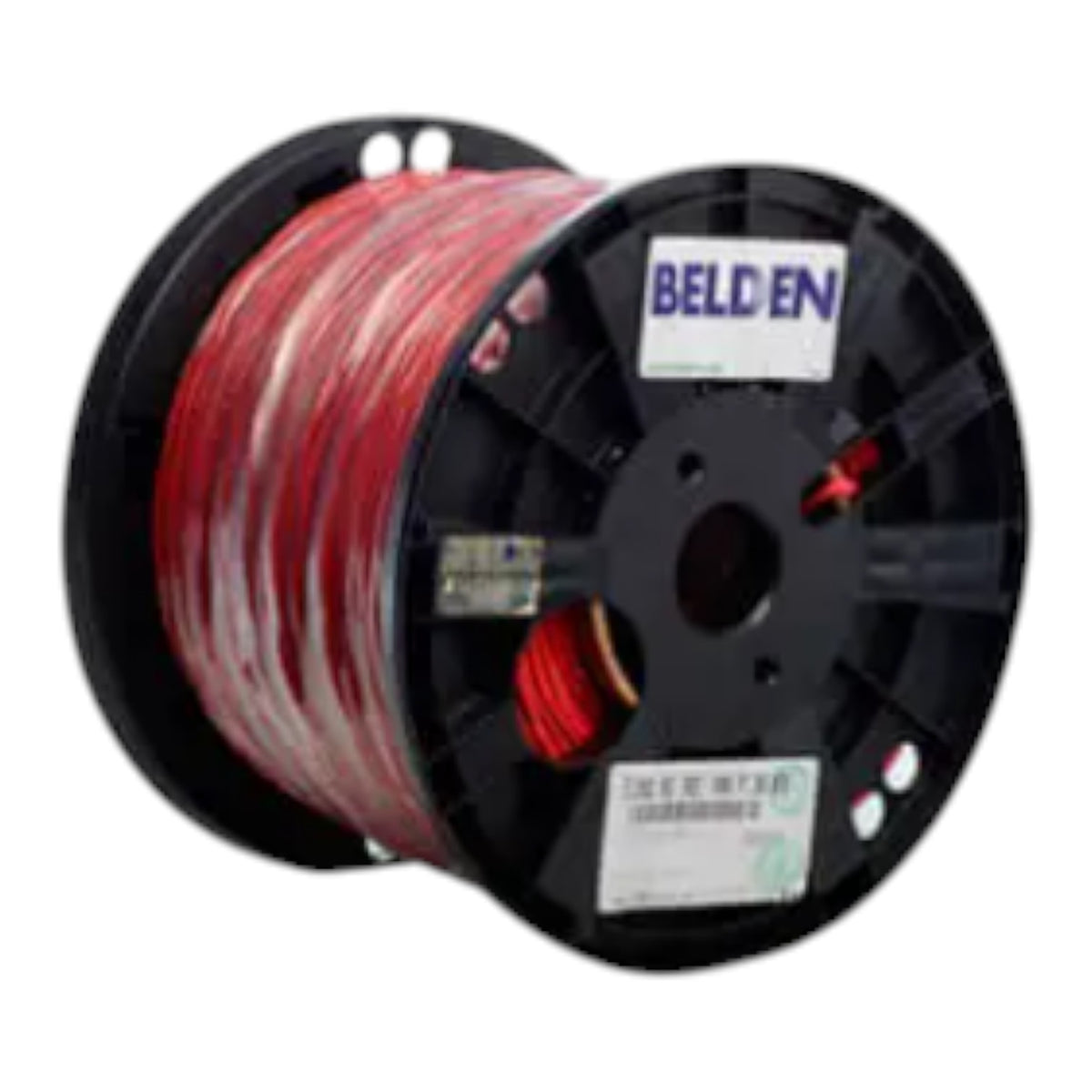 A spool of red wire wound around a black plastic core, with a white label on the front that reads BELD EN.