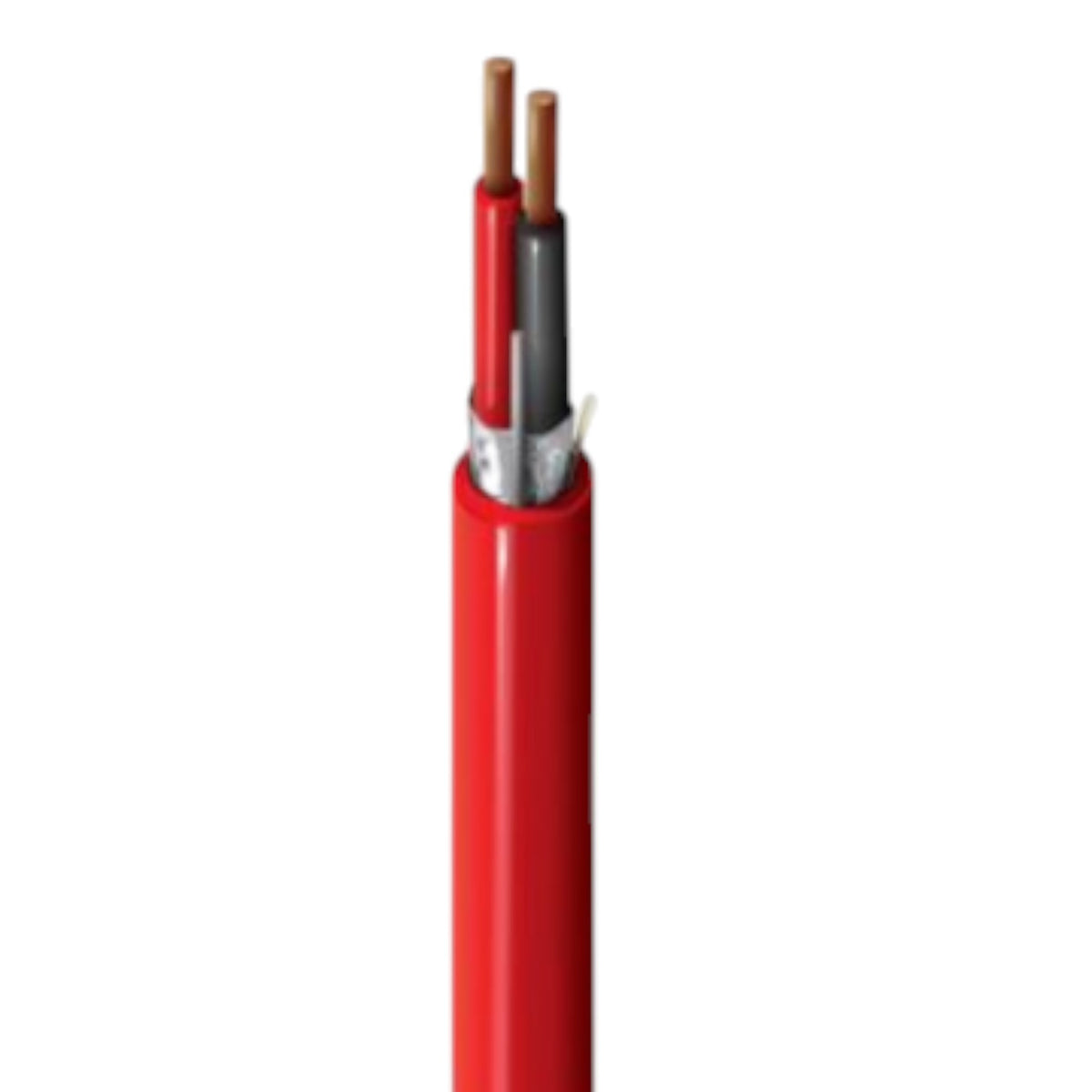 A close-up of a red electrical cable with its outer jacket peeled back to show two inner wires, one red and one gray, with copper-colored conductors visible at the tip.