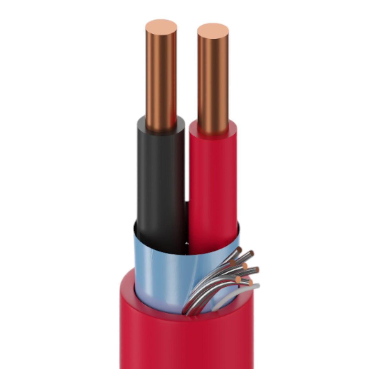 A close-up of a multi-core electrical cable showing its internal structure, including copper-colored conductors, a black sheathed wire, a red sheathed wire, a light blue sheathed wire, and exposed inner wires, all set against a plain white background.