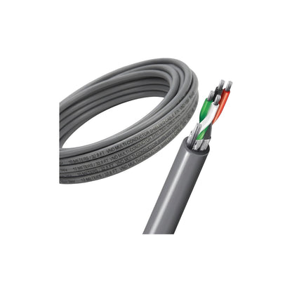 Gray multi-core industrial cable with a coiled section and one end stripped to show the internal wire colors and metal shielding, on a white background.