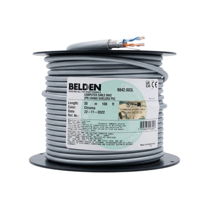 A spool of Belden 9842 003L 3PE 24MG shielded PVC computer cable, 30 meters (100 feet), with the top cover removed to show the multi-core wire strands, on a white background.