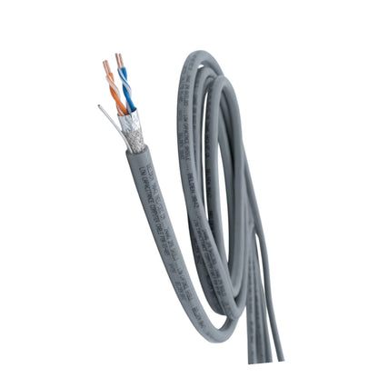 Gray Ethernet cable with a cut end showing internal twisted pairs, photographed on a white background.