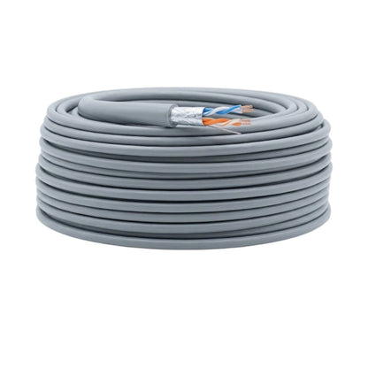 A coiled gray Ethernet cable with a small cross-section exposed to show the internal multi-core wires, set against a plain white background.