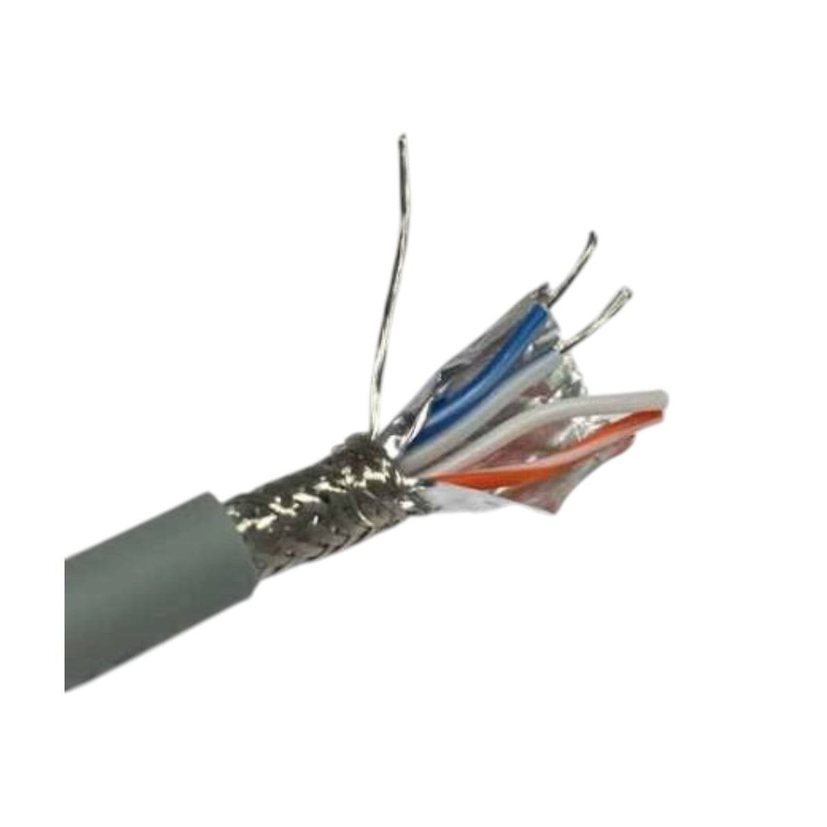 A close-up of a gray Ethernet cable with its outer jacket removed, showing a braided metallic shield and multiple internal wires in white, blue, orange, and silver.