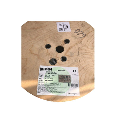 A Beldens wood spool, likely for a fire starter or similar material, with a white label showing product details and the number 079 handwritten on the wood.