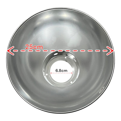 Top-down view of a round metallic silver bowl or lamp shade with red dashed measurement arrows indicating a 25 cm diameter and a 6.8 cm center hole, on a white background.