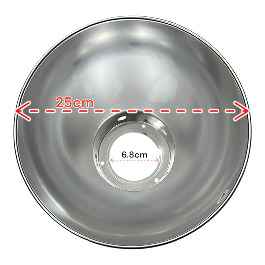 Top-down view of a round metallic silver bowl or lamp shade with red dashed measurement arrows indicating a 25 cm diameter and a 6.8 cm center hole, on a white background.