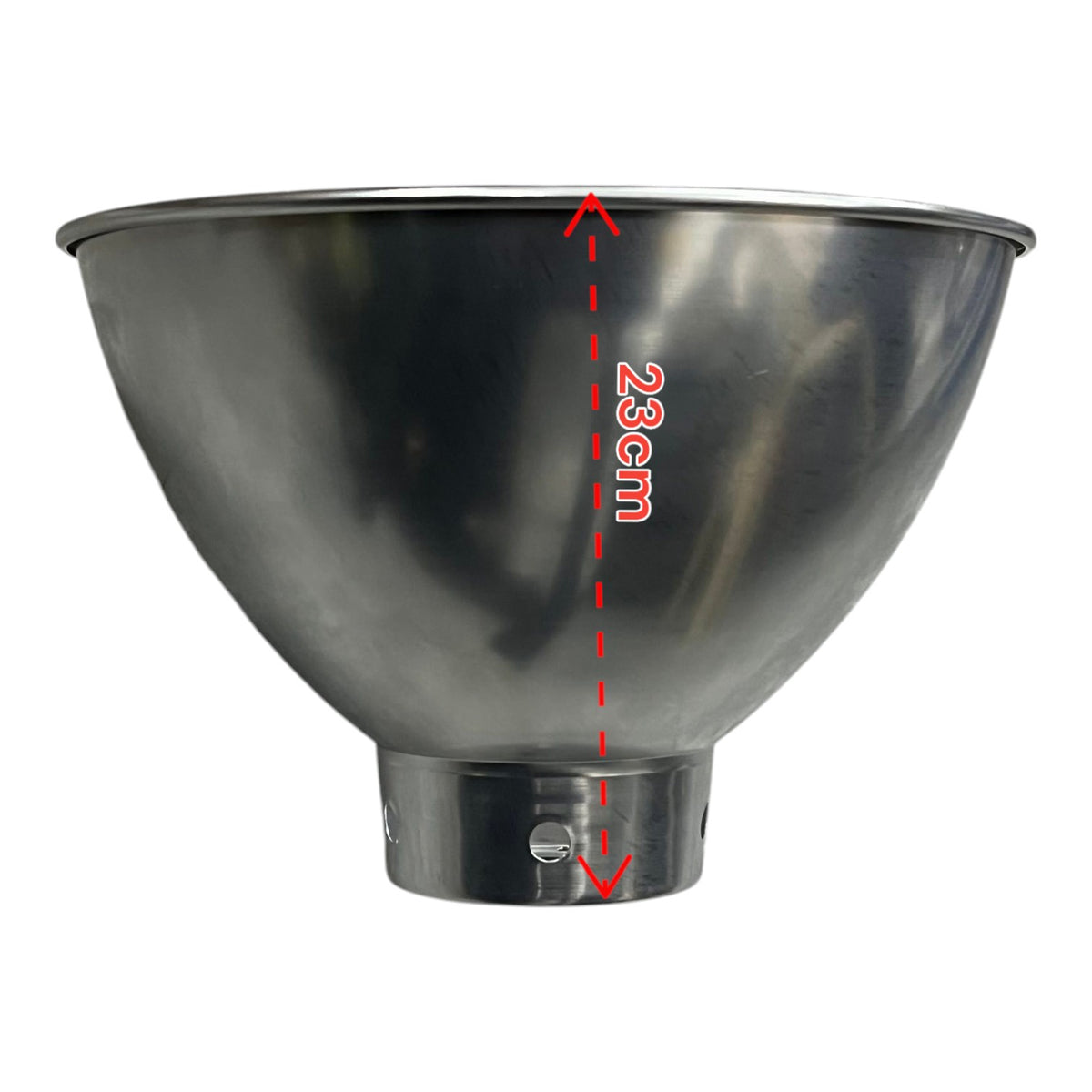 A stainless steel bowl-shaped metal component with a cylindrical base, shown on a white background with a red dashed vertical measurement arrow labeled 23cm.