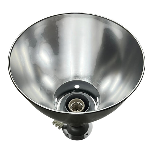 A brushed silver metal reflector bowl with a black mounting base and connector, shown on a plain white background.