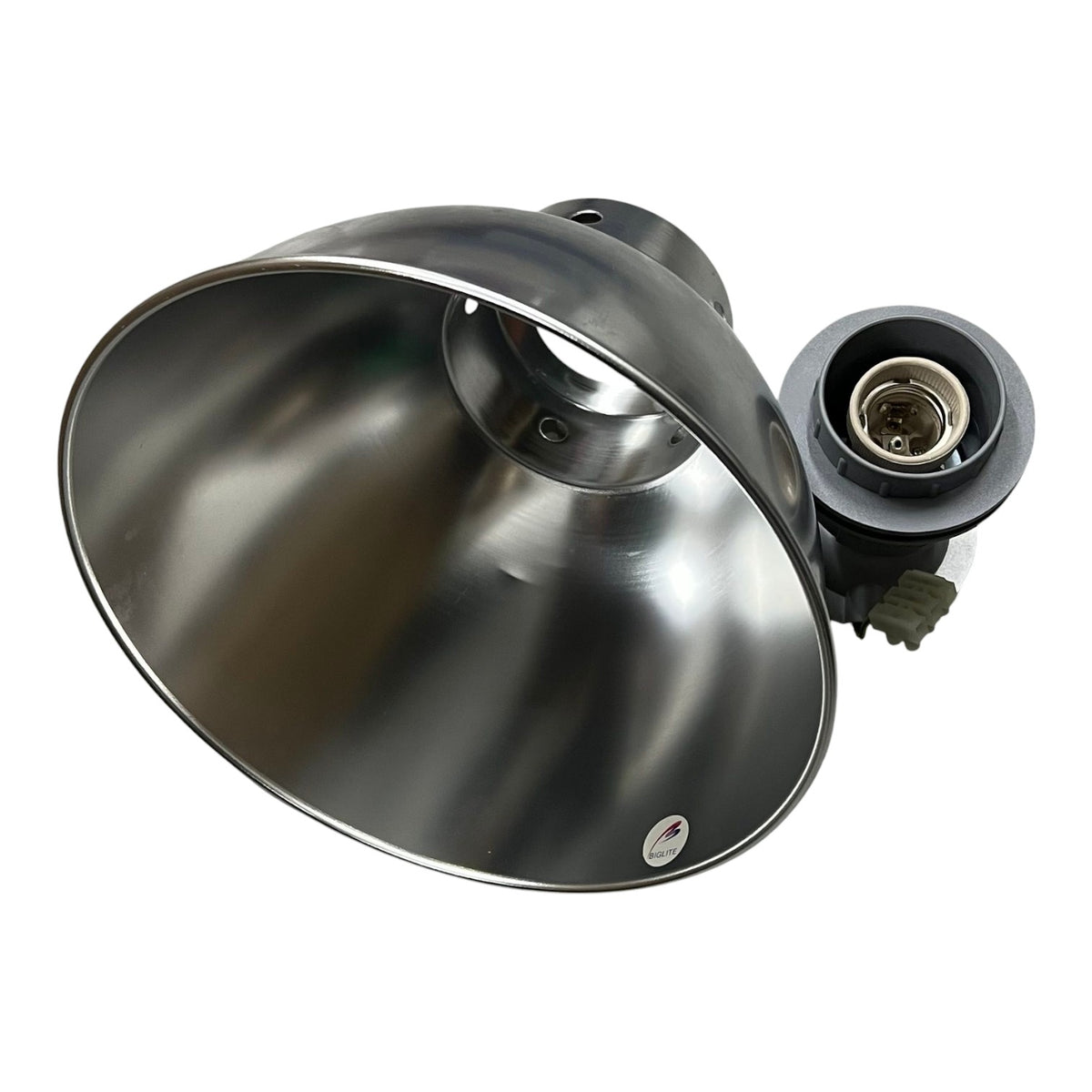 A large industrial dome-shaped metal reflector lamp, likely an LED grow light, with a black mounting socket attached on the right side, shown against a plain white background.
