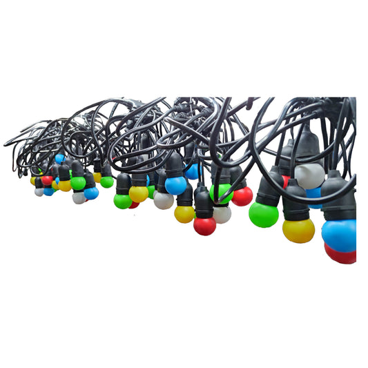 String lights with multicolored bulbs on a white background
