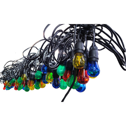 String of colorful outdoor lights on a white background