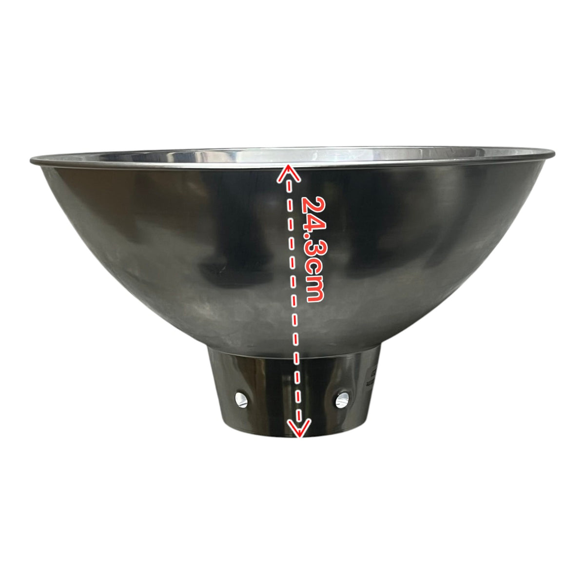 A black metal bowl-shaped component with a flared base, shown on a white background with a red dashed vertical measurement overlay labeled 24.3cm.