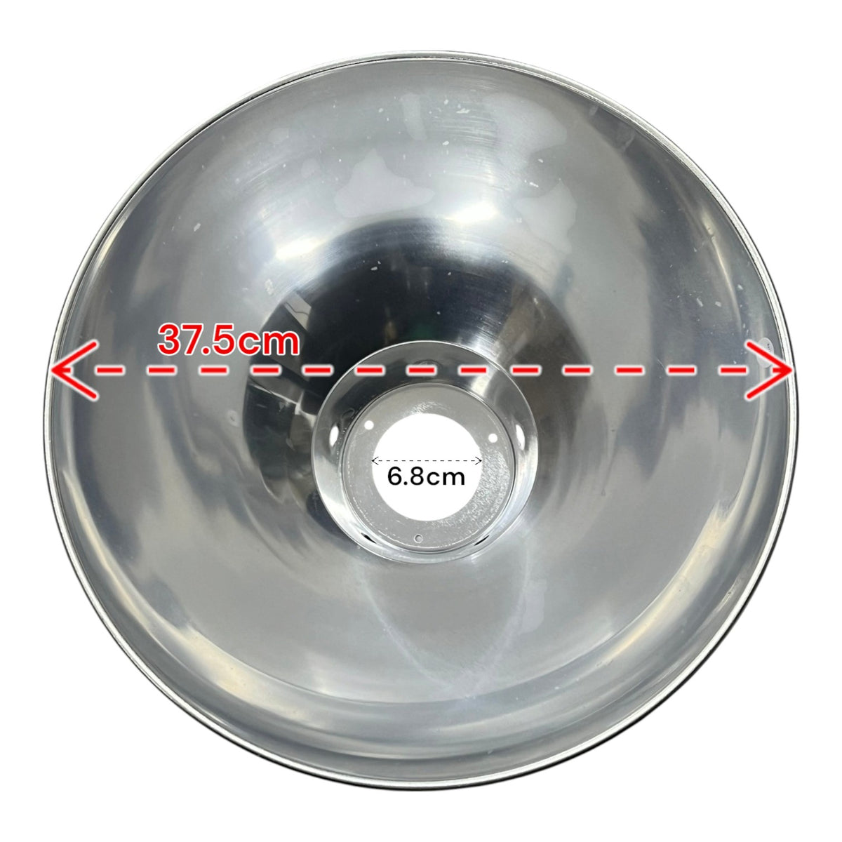 Top-down view of a metallic silver bowl with red dimension overlays showing a 37.5cm diameter and a 6.