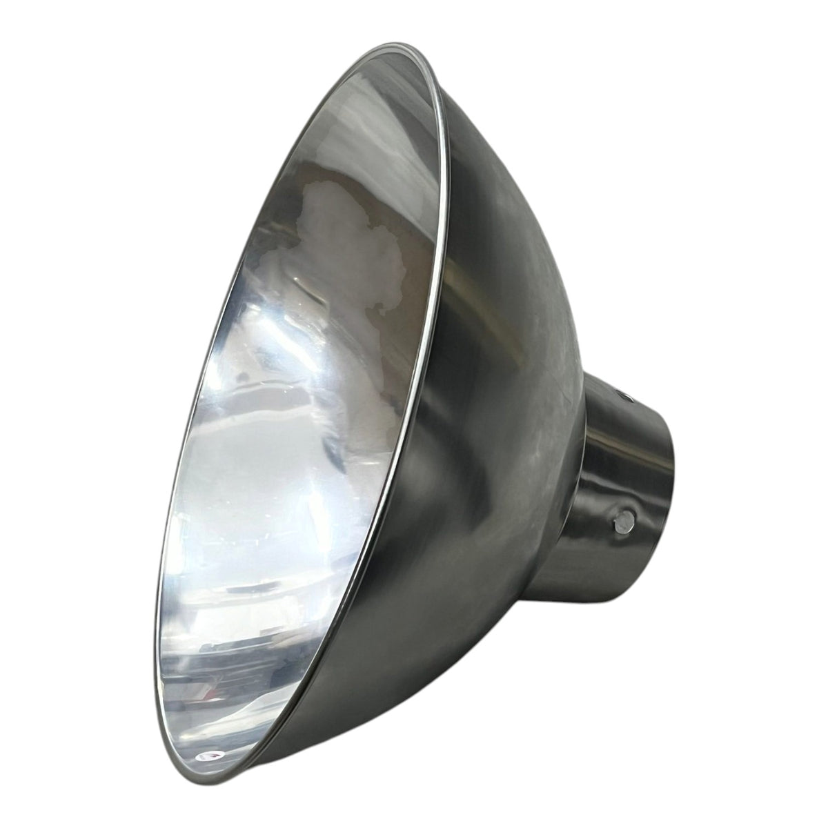 A polished stainless steel reflector lamp shade, angled to show its reflective interior and mounting collar, isolated on a white background.