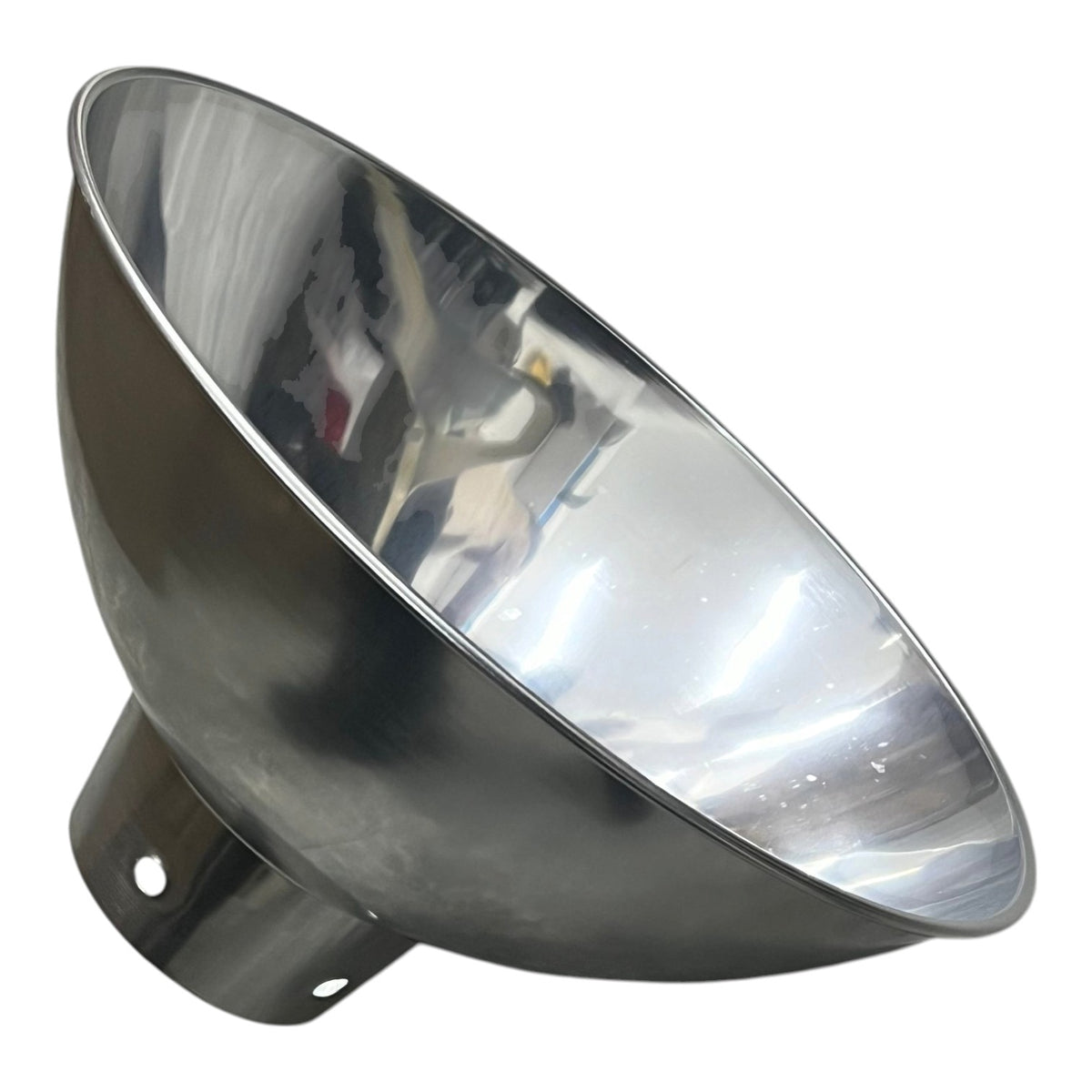 A polished stainless steel reflector bowl with a mounting base, shown on a plain white background.