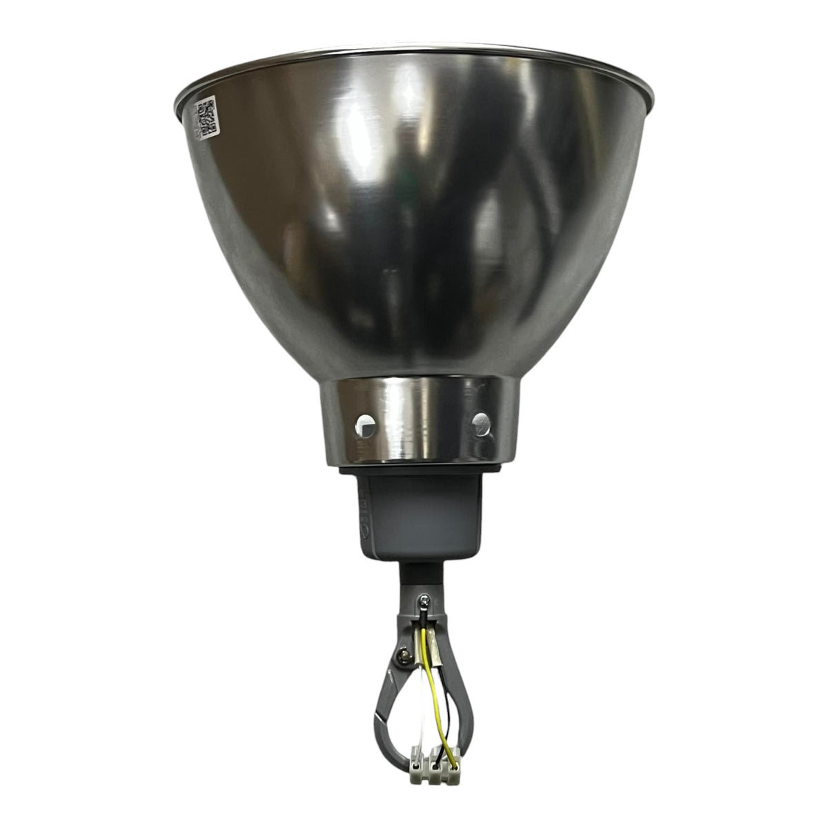 A heavy-duty industrial pendant light fixture with a large metallic silver reflector bowl, a dark gray mounting collar, and a metal hanging hook with visible yellow and white wires.
