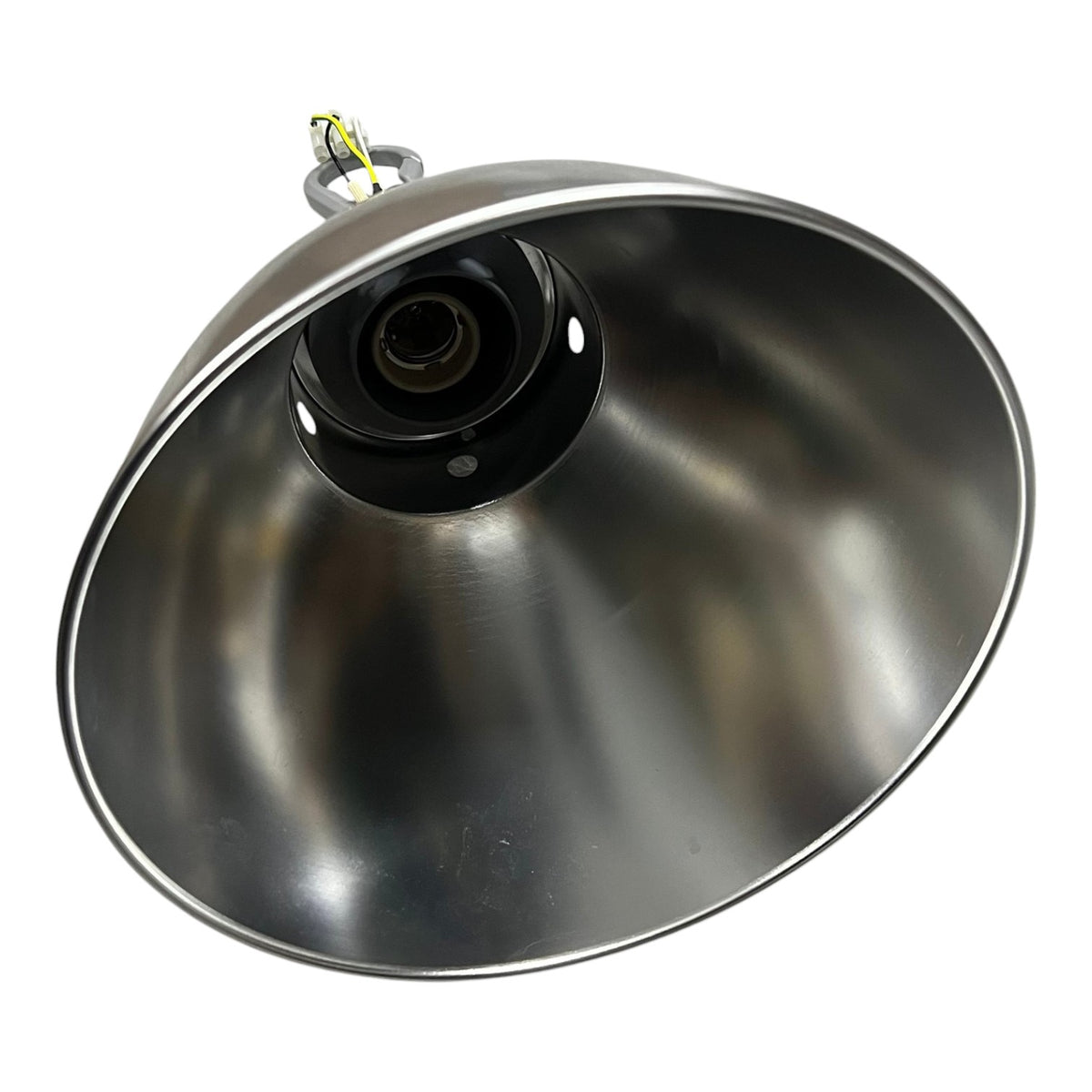 A brushed metal dome-shaped industrial pendant light shade with a black central socket and a small wire connector at the top, shown on a plain white background.