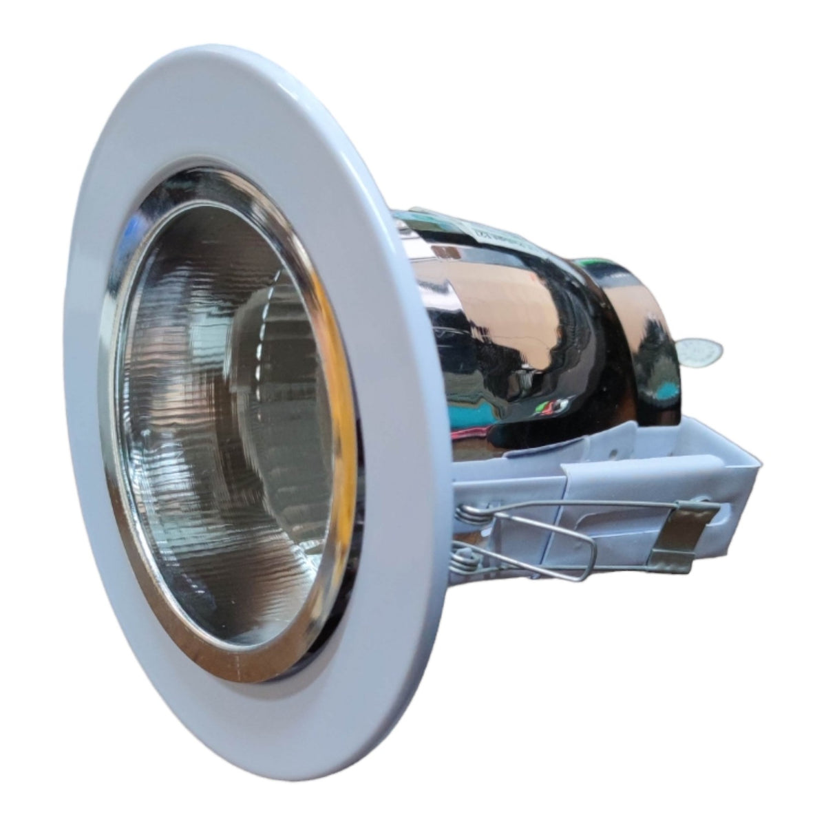 Light bulb with reflective surface on a white background