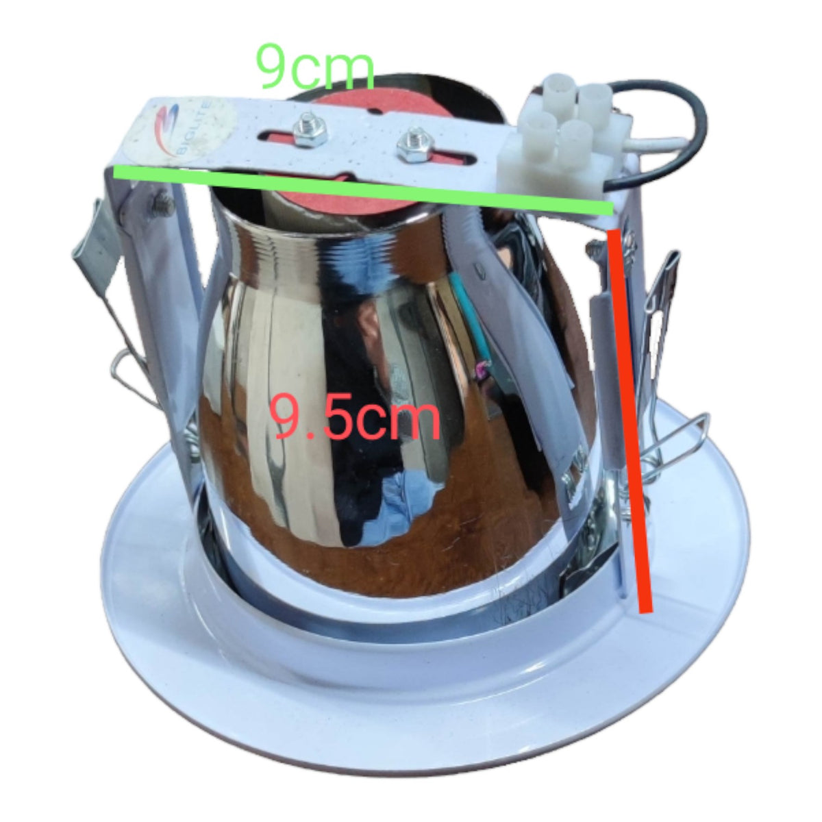 Chrome light fixture with measurements on a white background