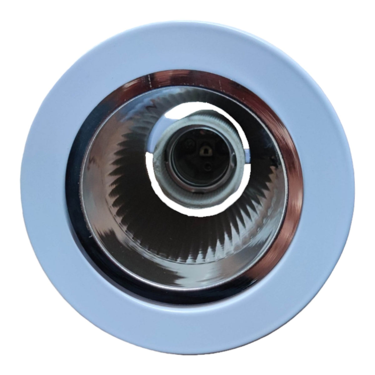 Wheel with blue rim and metallic center on a white background