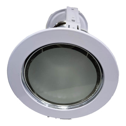 Recessed ceiling light with white trim on a white background