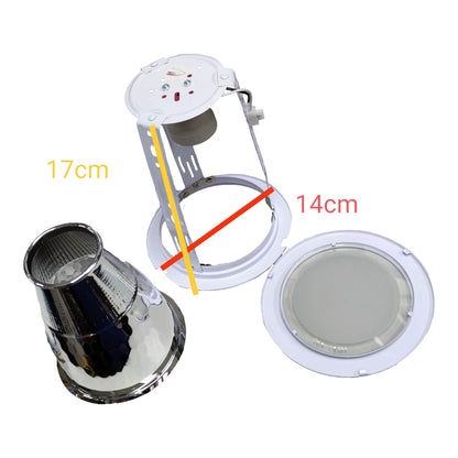 Light fixture components with measurements on a white background