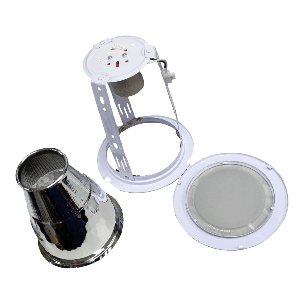 Ceiling light fixture components on a white background
