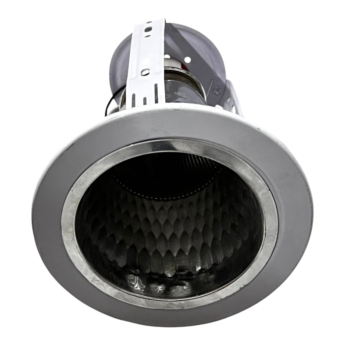 Silver recessed ceiling light on a white background