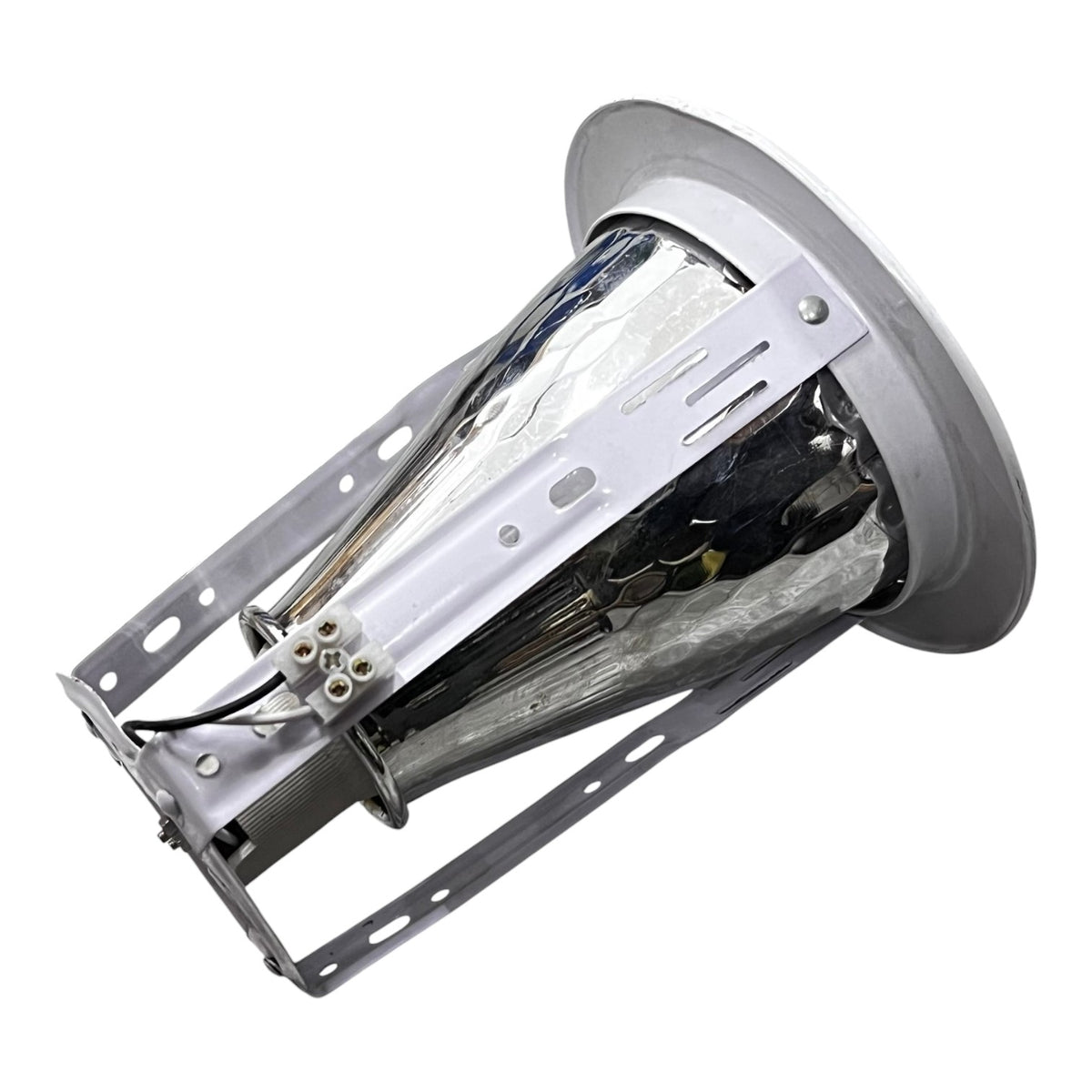 Close-up of a high-pressure sodium (HPS) lamp on a white background